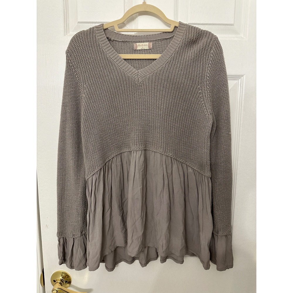 Altar'd State Womens Large Taupe Mixed Media Peplum Knit Sweater Top V-Neck